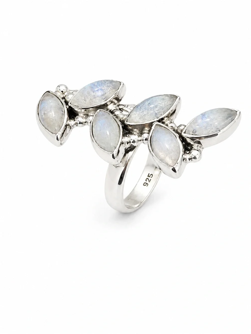Sterling Silver Marquise Moonstone Cluster Ring - Blue Flash